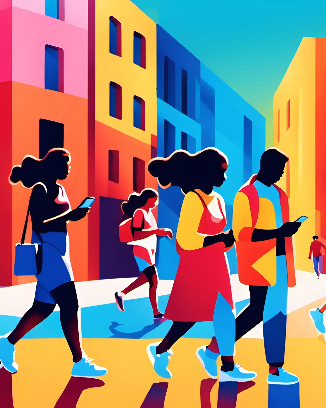 Colourful abstract illustration of people and cityscape