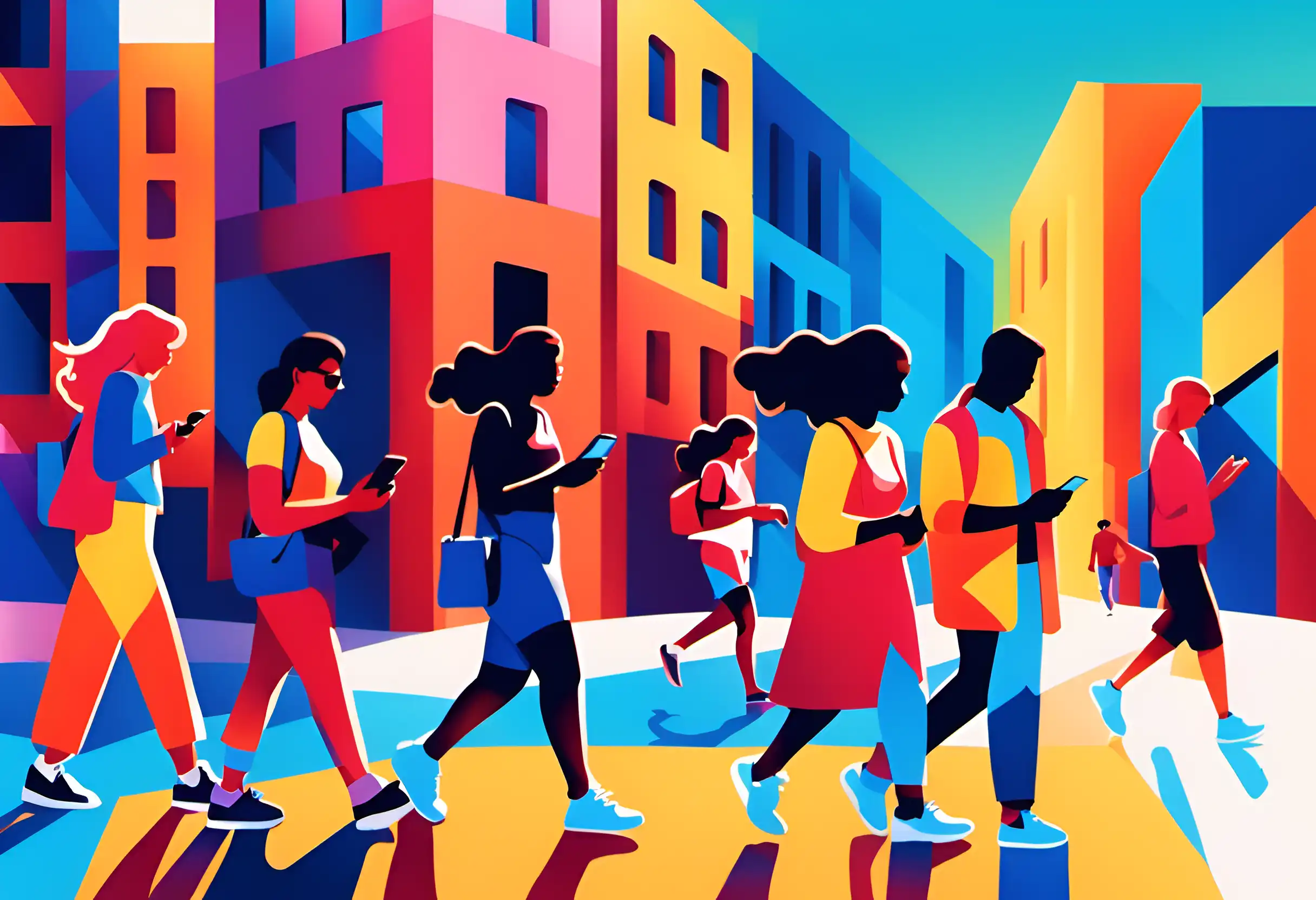 Colourful abstract illustration of people and cityscape